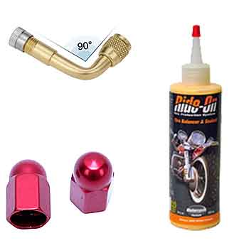 Motorcycle 90 valve stem, red valve stem caps, Ride on balancing sealant