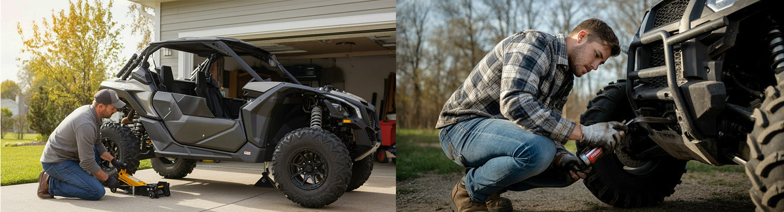 a man working on his utv doing maintenance