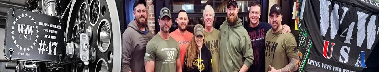 wheels4warriorsusa banner images with logo and military veterans in a group