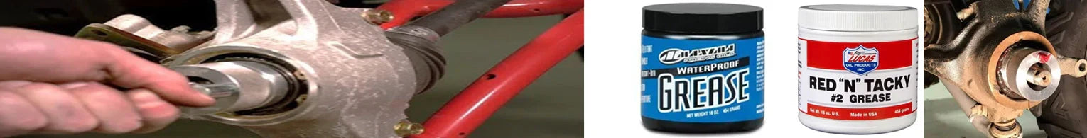 The Ultimate Guide to UTV Wheel Bearing Grease. Red n Tacky, maima waterproof utv wheel bearing grease and a utv wheel bearing greaser tool