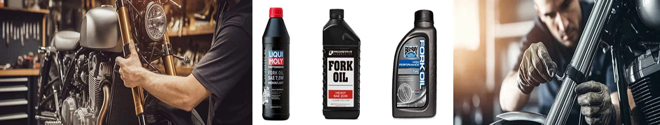 man working on front motorcycle forks Motorcycle fork oil, Bel-Ray, Progressive, Liqui Moly brands