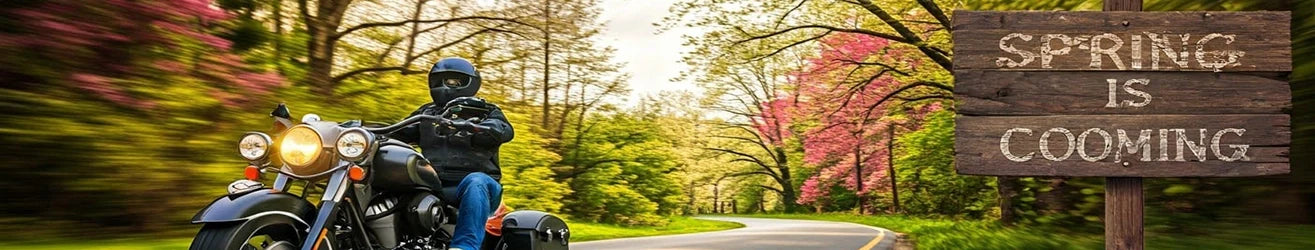 motorcycle riding on the road with the sun shining on a spring day