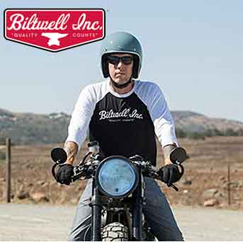 man sitting on a motorcycle wearing a Biltwell t shirt and open face helmet