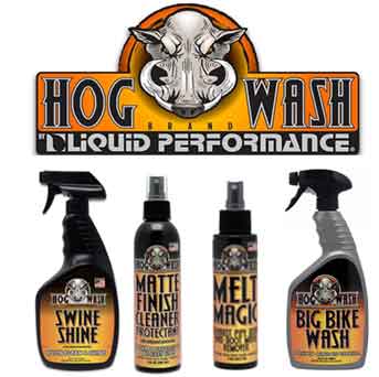 Hog Wash Motorcycle Cleaners, melt magic, swine shine, big bike wash, matte finish cleaner, windshield cleaner, leather cleaner.