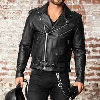 Man wearing a black leather motorcycle jacket