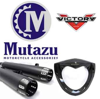 Mutazu Victory motorcycle exhaust, saddlebag speaker lids, headlight bezel, backrest, saddlebags.