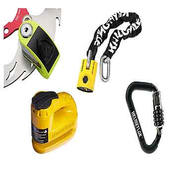 Motorcycle security disc locks, helmet locks and chains