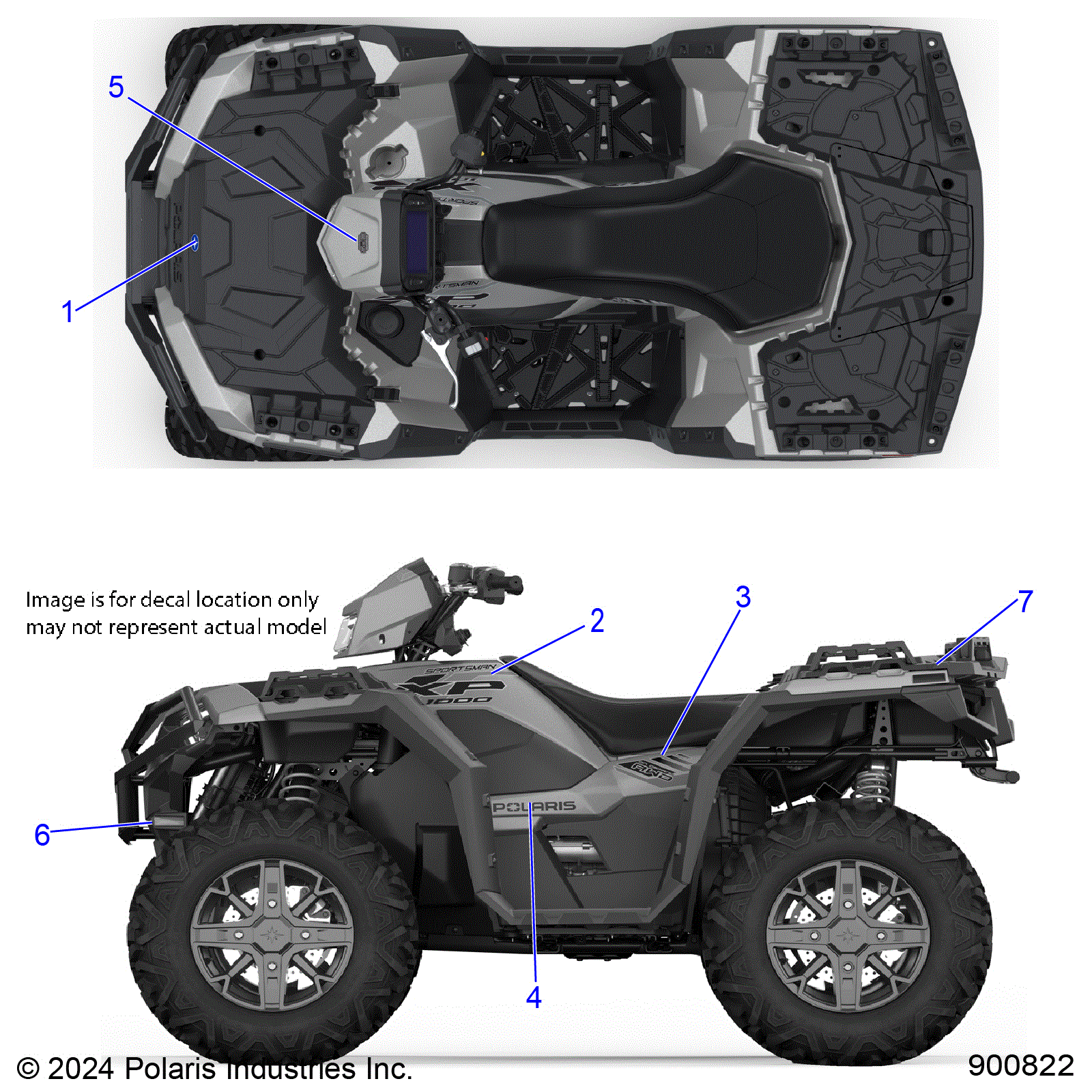 An Image of a Genuine Polaris Parts Schematic Diagram showing the schematic - BODY: DECALS GRAPHICS - 2025 POLARIS SPORTSMAN 1000 48" LE RIDE COMMAND