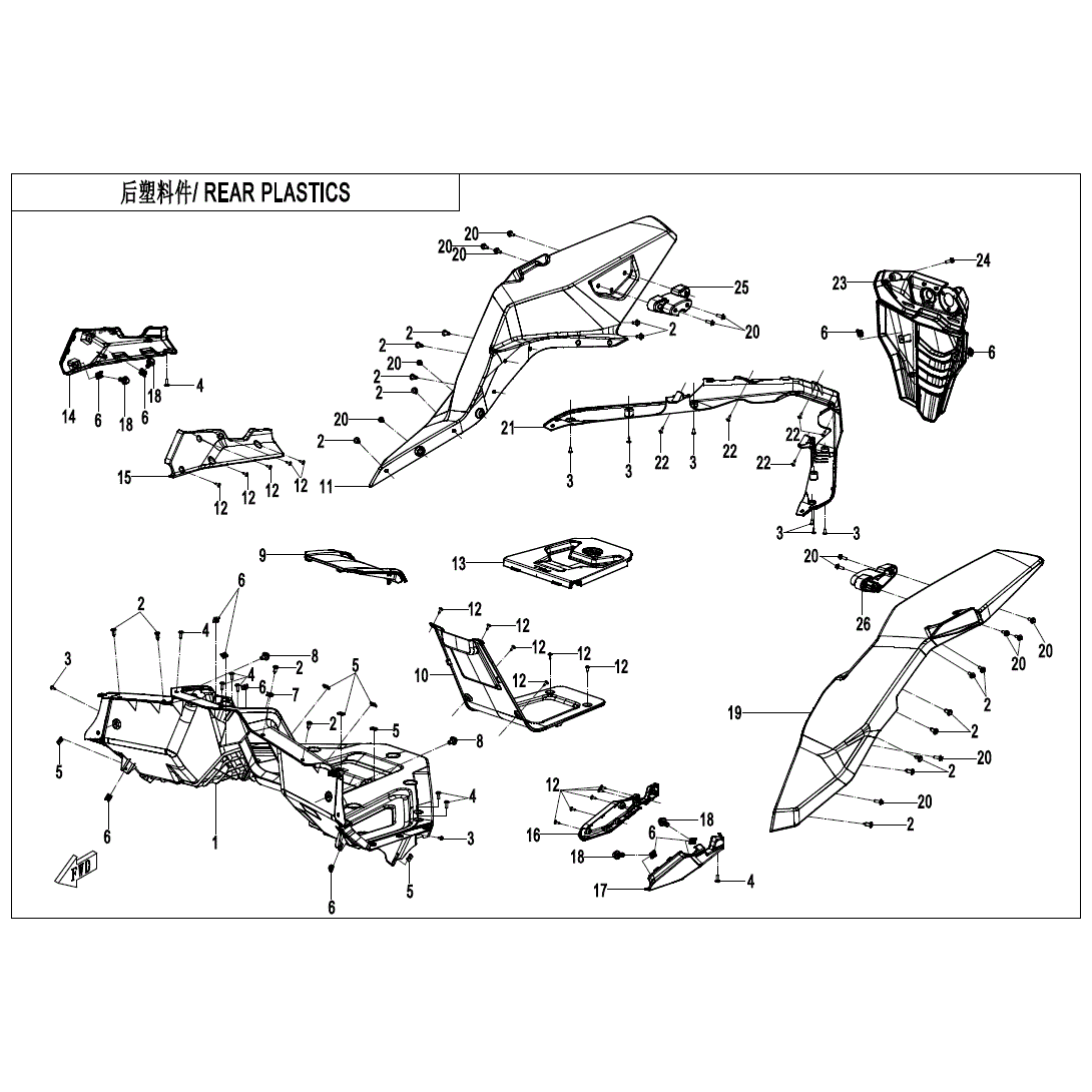 An Image of a Genuine CFMOTO Parts Schematic Diagram showing the schematic - REAR PLASTIC - 2020 CFMOTO ZFORCE 950 Sport