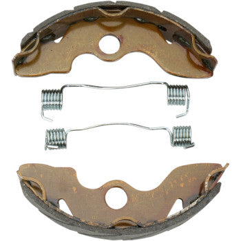 Two Ebc Brake Shoes with friction material linings and two metal springs are displayed on a white background, with the springs laid parallel between the shoes.