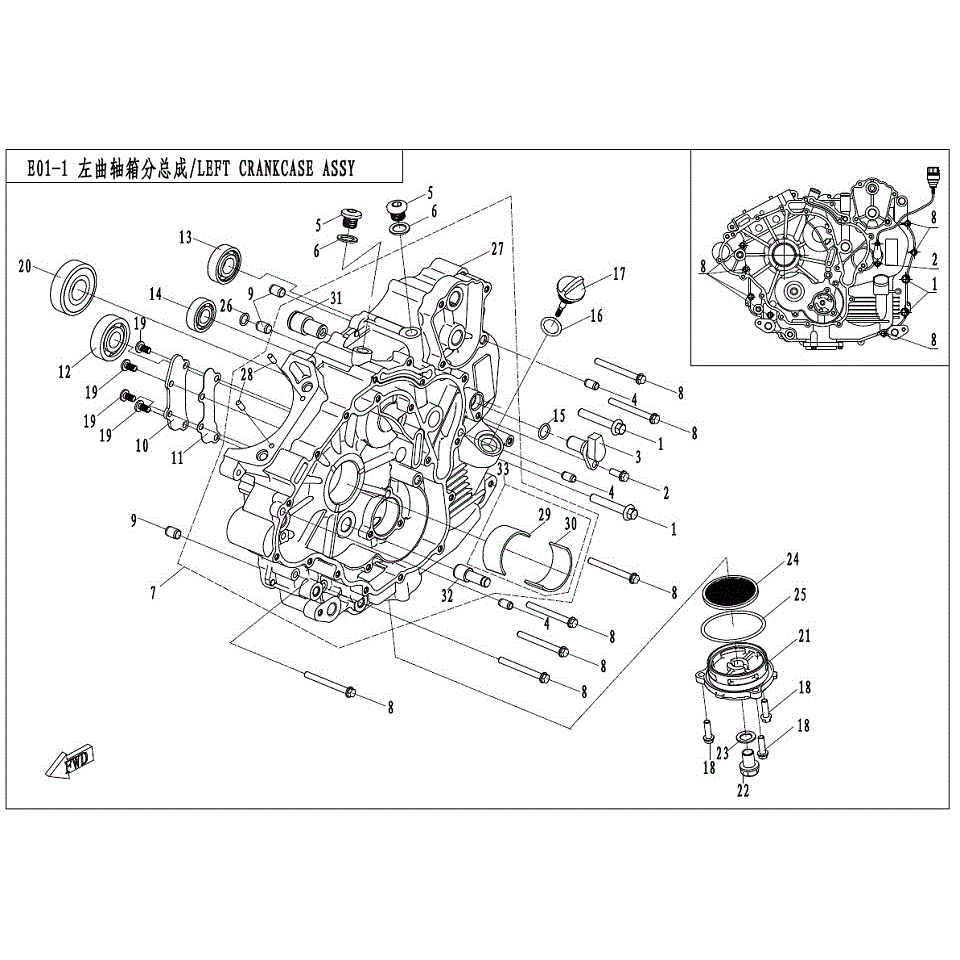 An Image of a genuine CFMOTO Parts Schematic Diagram showing the group - LEFT CRANKCASE ASSY - 2017 CFMOTO CFORCE 400