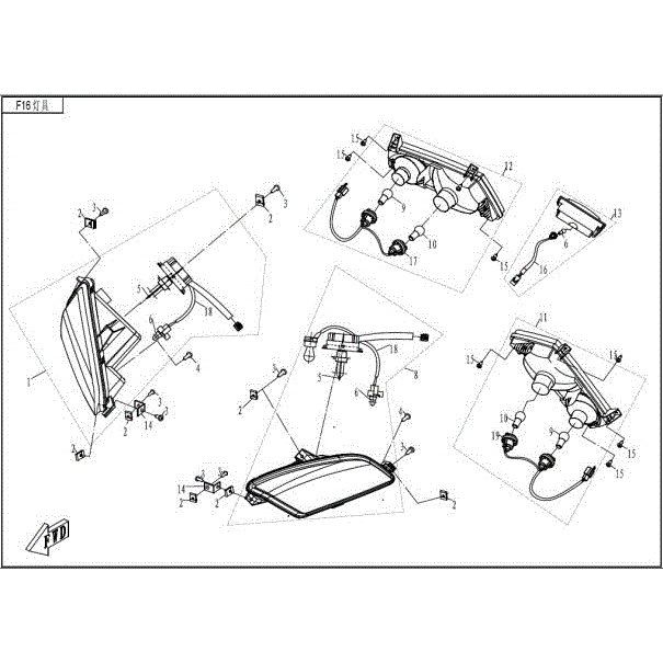 An Image of a genuine CFMOTO Parts Schematic Diagram showing the group - LIGHTS - 2015 CFMOTO CFORCE 800 X8