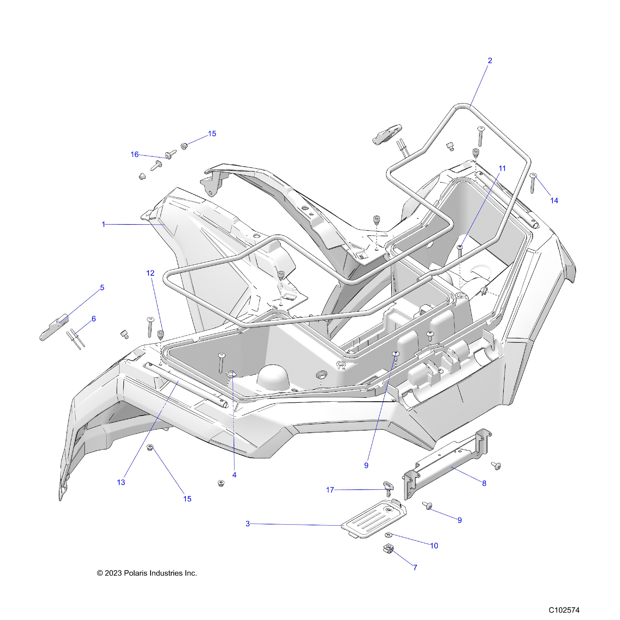 An Image of a Genuine Polaris Parts Schematic Diagram showing the schematic - BODY: FRONT CAB - 2024 POLARIS SPORTSMAN 450 HO 50S