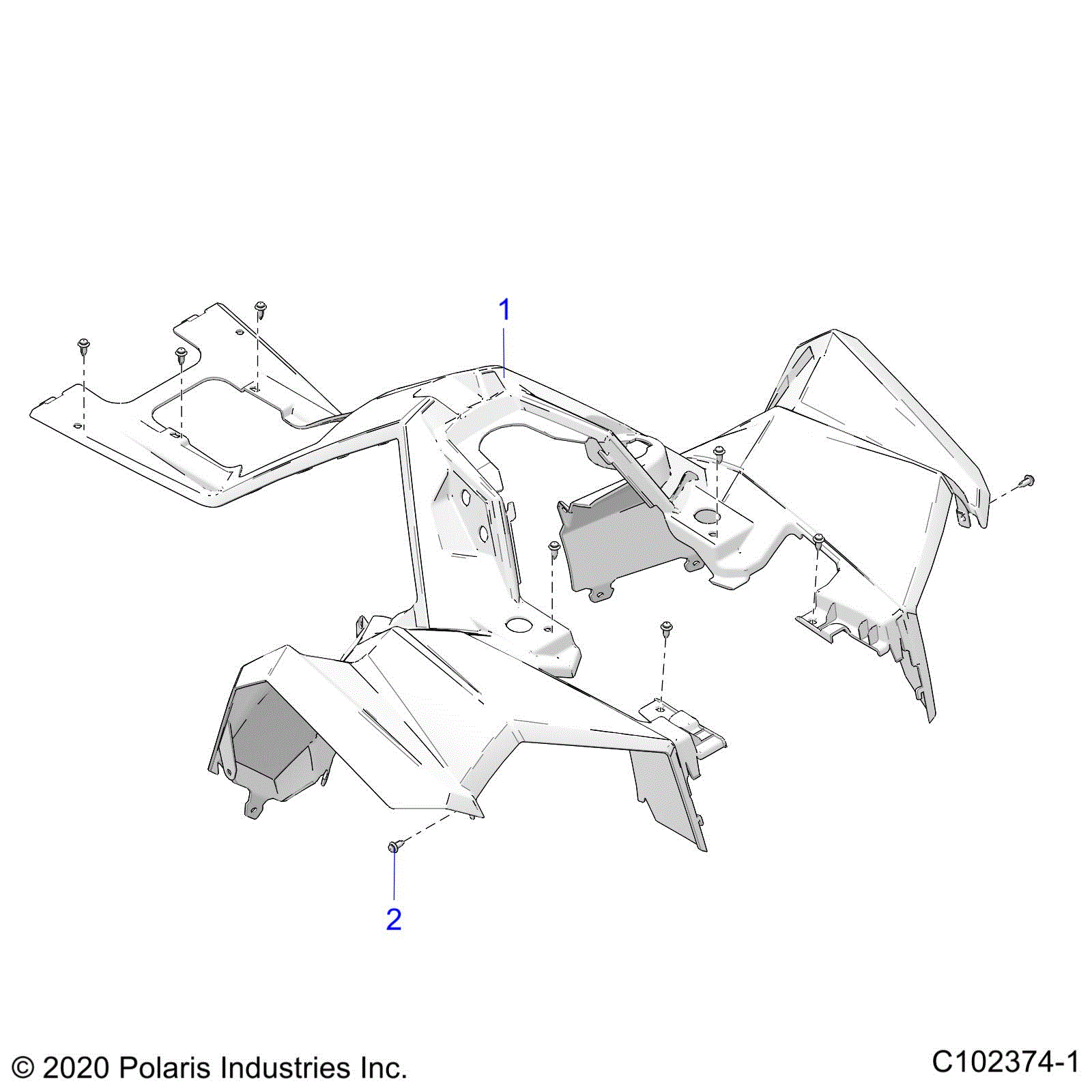 An Image of a Genuine Polaris Parts Schematic Diagram showing the schematic - BODY: FRONT CAB - 2021 POLARIS SCRAMBLER 850 48"