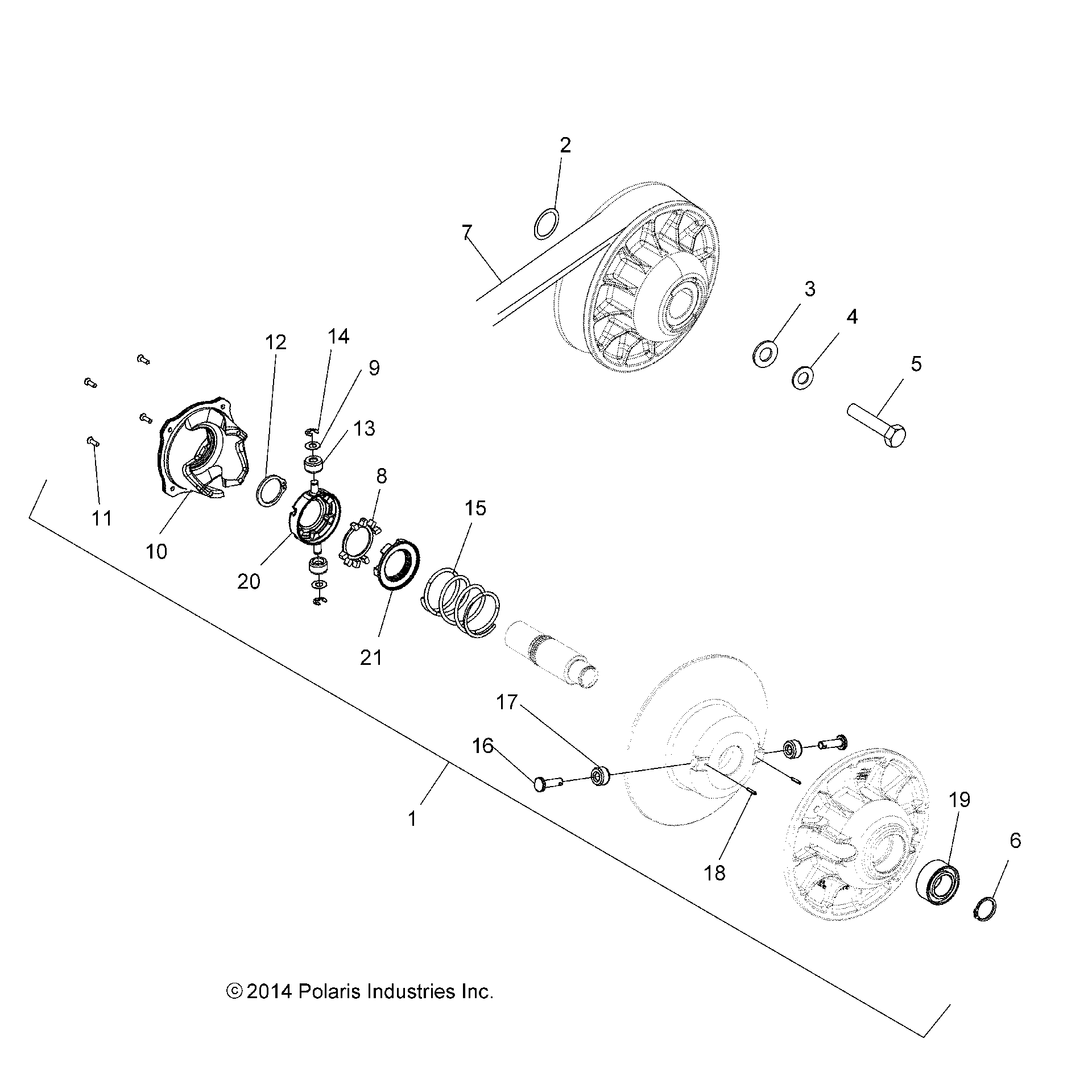 An Image of a Genuine Polaris Parts Schematic Diagram showing the schematic - DRIVE TRAIN: SECONDARY CLUTCH - 2021 POLARIS SPORTSMAN 570 6X6