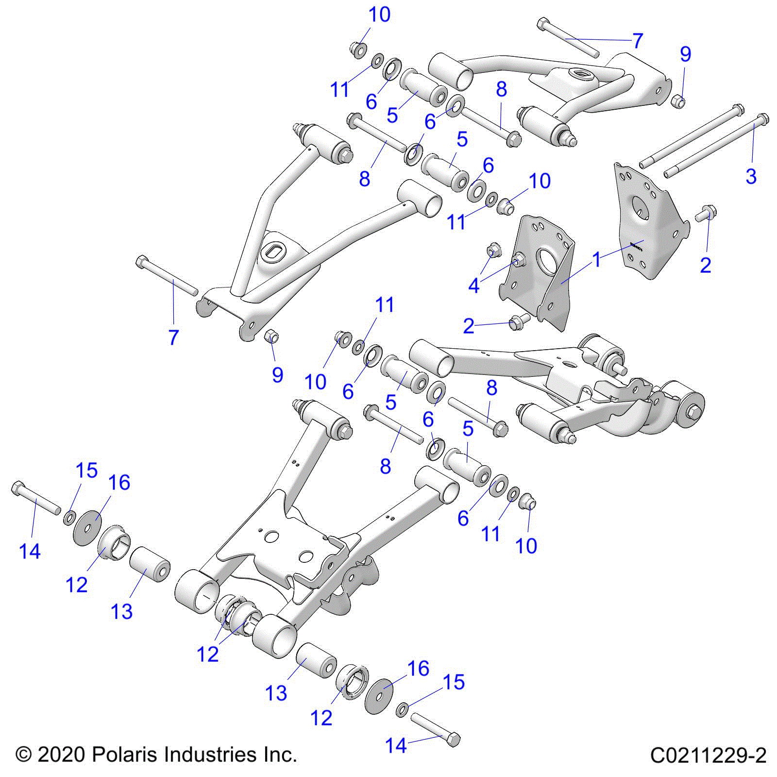 An Image of a Genuine Polaris Parts Schematic Diagram showing the schematic - SUSPENSION: REAR CONTROL ARM MOUNTING - 2021 POLARIS SPORTSMAN 570 UTILITY EPS