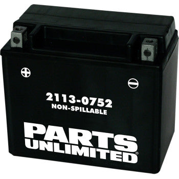 A black Parts Unlimited AGM Battery YTX12, labeled 2113-0752 NON-SPILLABLE, with positive and negative terminal symbols on the top corners.