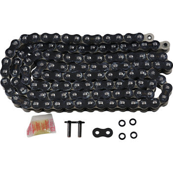 The 530 Max X Chain 120 Links B&C by Rk, a coiled black O-ring chain with silver links known for high tensile strength, is shown with a small lubricant packet, two O-rings, a connecting link, and a clip on a plain white background.