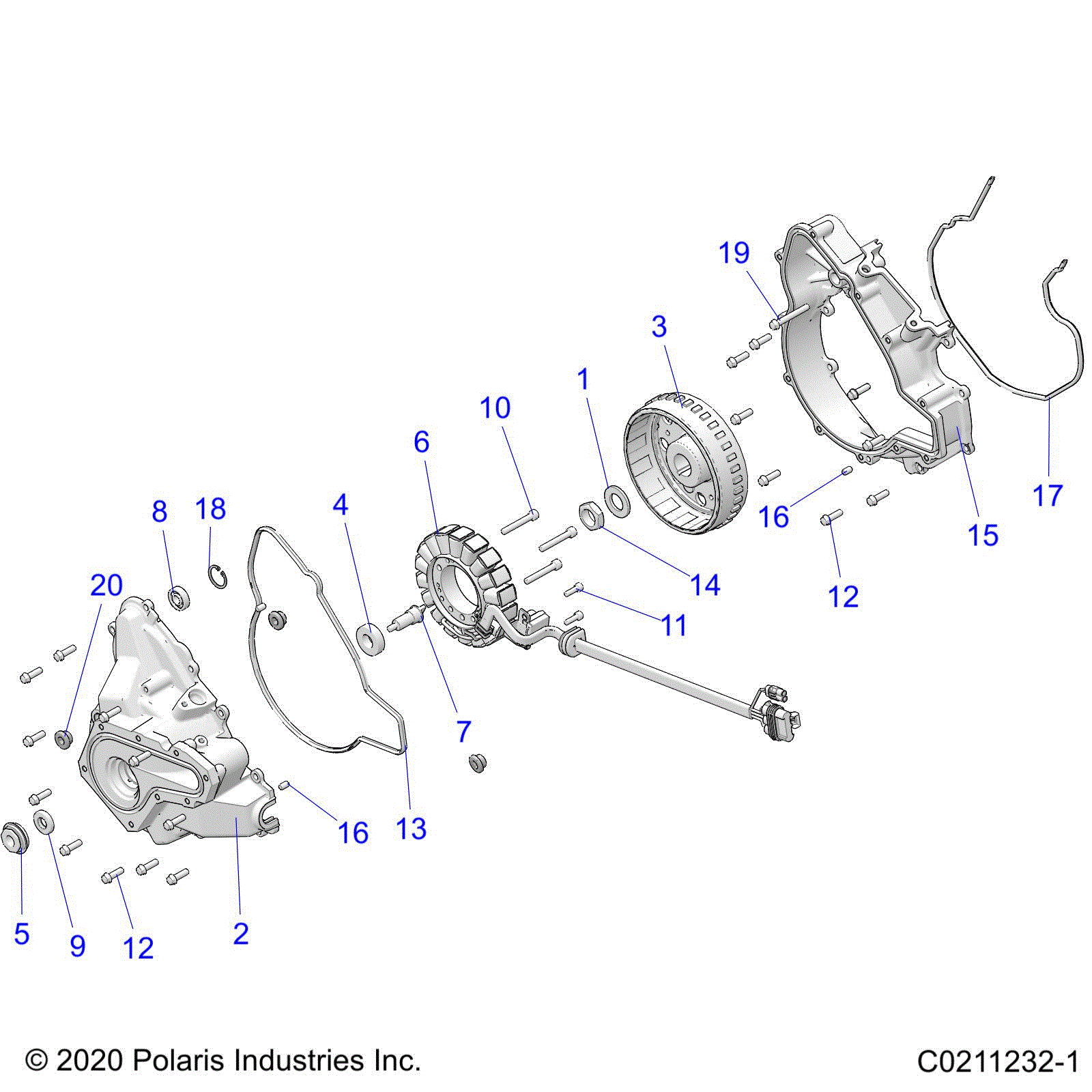 An Image of a Genuine Polaris Parts Schematic Diagram showing the schematic - ENGINE: STATOR COVER and FLYWHEEL - 2023 POLARIS SPORTSMAN 570