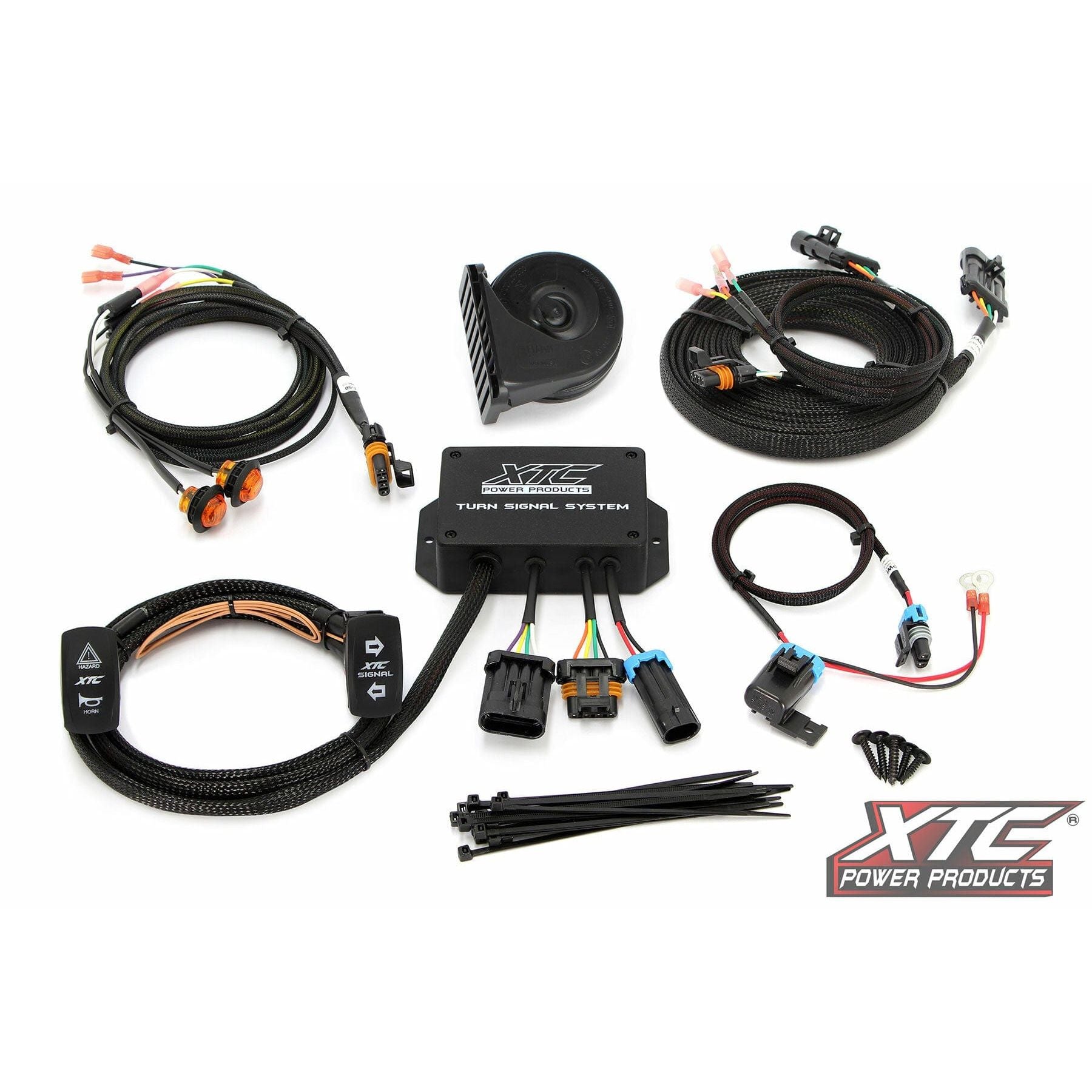 The Standard Turn Signal Kit Universal Uses OE Brake Lights by XTC Power is shown with pre-made wire harnesses, connectors, a hazard/horn switch, cable ties, and the main control box neatly arranged on a white background.