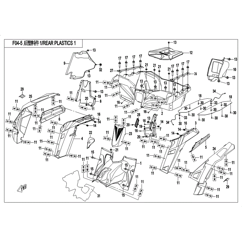 An Image of a Genuine CFMOTO Parts Schematic Diagram showing the schematic - REAR PLASTIC - 2018 CFMOTO ZFORCE 1000
