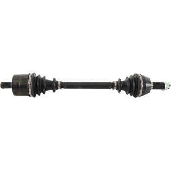 The Polaris RZR Axle Kit Complete 8 Ball Extreme Duty Front Left & Right by All Balls features chromoly shafts with rubber boots, metal splines on both ends, and a strong cylindrical center for enhanced durability.