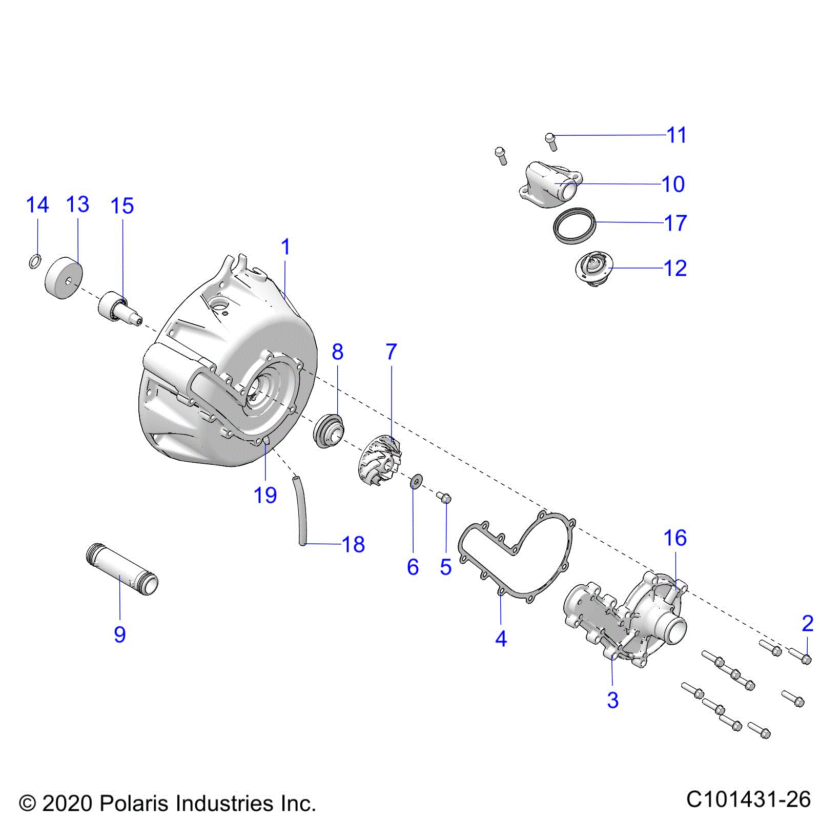An Image of a Genuine Polaris Parts Schematic Diagram showing the schematic - ENGINE: COOLING SYSTEM and WATER PUMP - 2025 POLARIS SPORTSMAN XP 1000 MUD