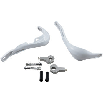 The Pro Guard Reinforced Handguards White by Emgo feature white plastic guards, aluminum brackets, bolts, and black spacers. This universal X-Strong kit fits 7/8" motorcycle or bicycle handlebars for secure installation.
