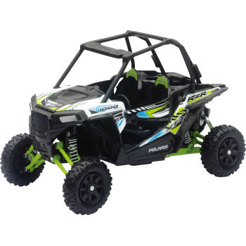 A white 1:18 scale Polaris RZR XP 1000 "White Lightning" by New Ray Toys, featuring rugged tires, an open cockpit, roll cage, and sporty decals—a detailed collectible ATV replica.