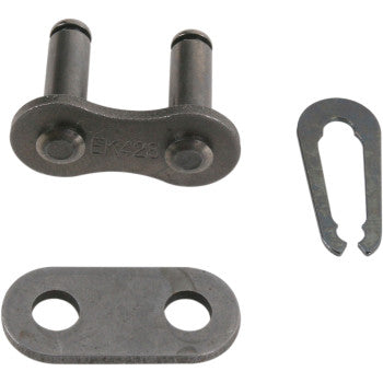 The 428 Standard Chain Connecting Chain Master Link by Ek consists of a master link, flat plate, and spring clip for easy motorcycle or bicycle chain assembly or replacement.