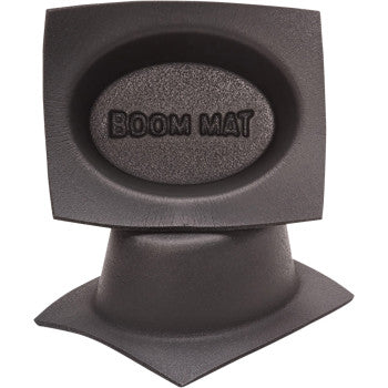 Black 6x9 oval speaker baffle with textured finish and raised "BOOM MAT" logo molded in center.