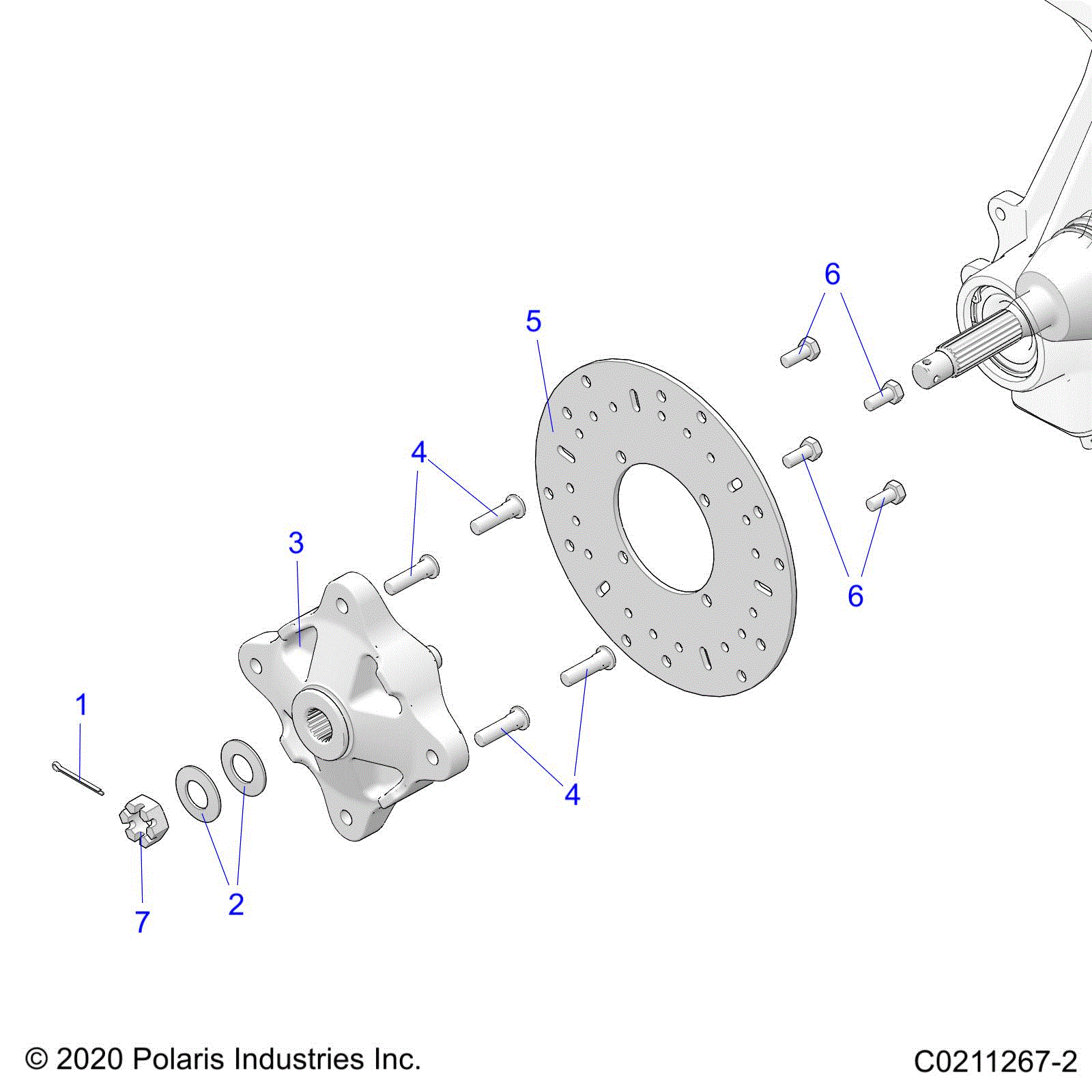 An Image of a Genuine Polaris Parts Schematic Diagram showing the schematic - SUSPENSION: FRONT HUB and BRAKE DISC - 2025 POLARIS SPORTSMAN 570
