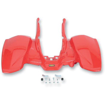 The Rear Fender Red by Maier is made from high-density polyethylene and includes mounting hardware (bolts and washers). OEM color matched for a seamless fit with Maier bodywork; displayed against a white background.