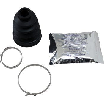 The CV Boot Kit Front & Rear Inboard by Epi features a black polychloroprene CV boot, a silver molybdenum disulfide grease packet, and two metal hose clamps displayed on a white background.