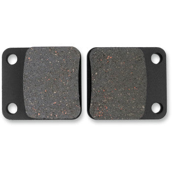 Two rectangular Yamaha - Suzuki Brake Pads by Epi, dark with rounded edges and two holes per black backing plate, are shown side by side on a white background—ideal for reliable ATV braking.