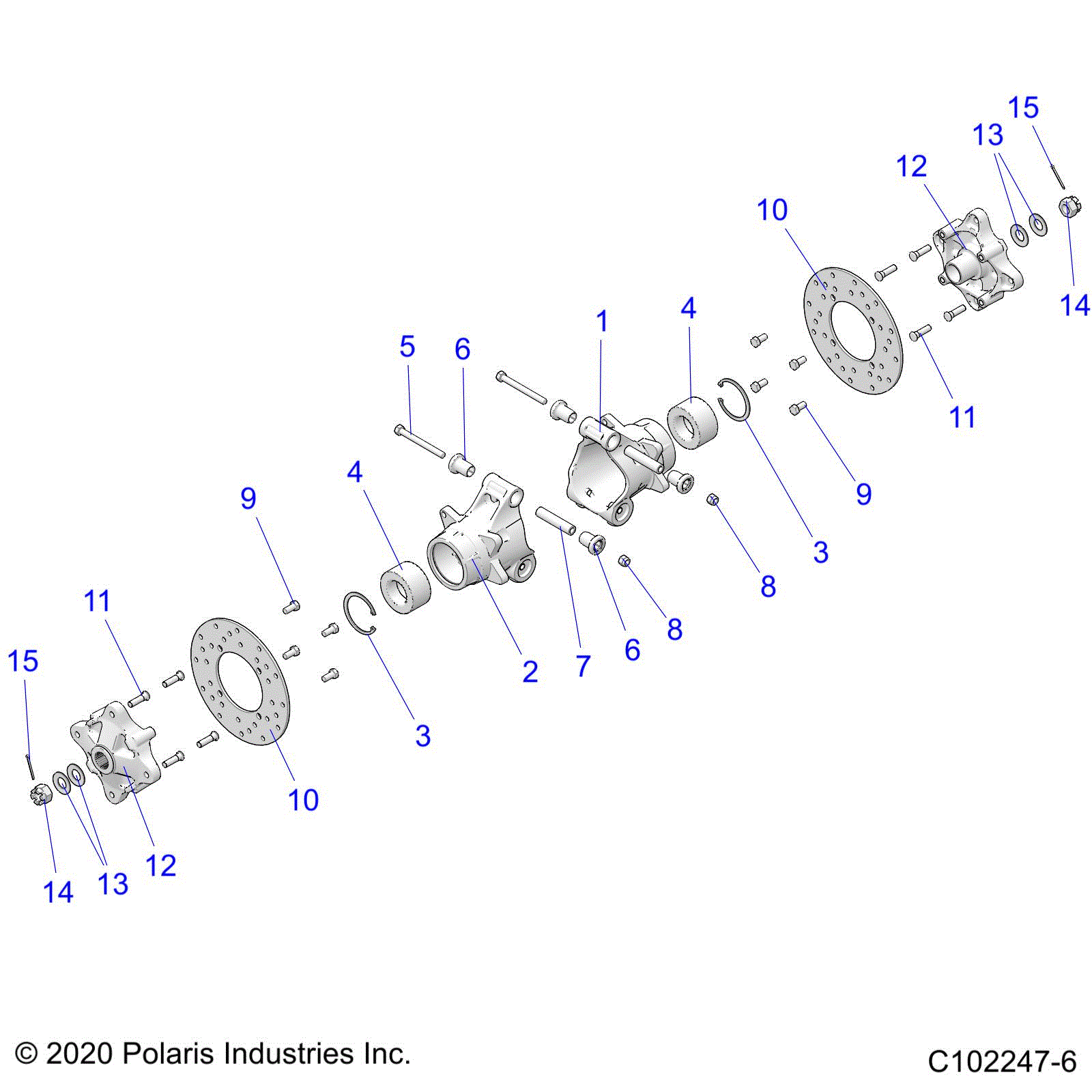 An Image of a Genuine Polaris Parts Schematic Diagram showing the schematic - SUSPENSION: MIDDLE HUBS CARRIER and BRAKE DISC - 2025 POLARIS SPORTSMAN 570 6X6 EPS 49S