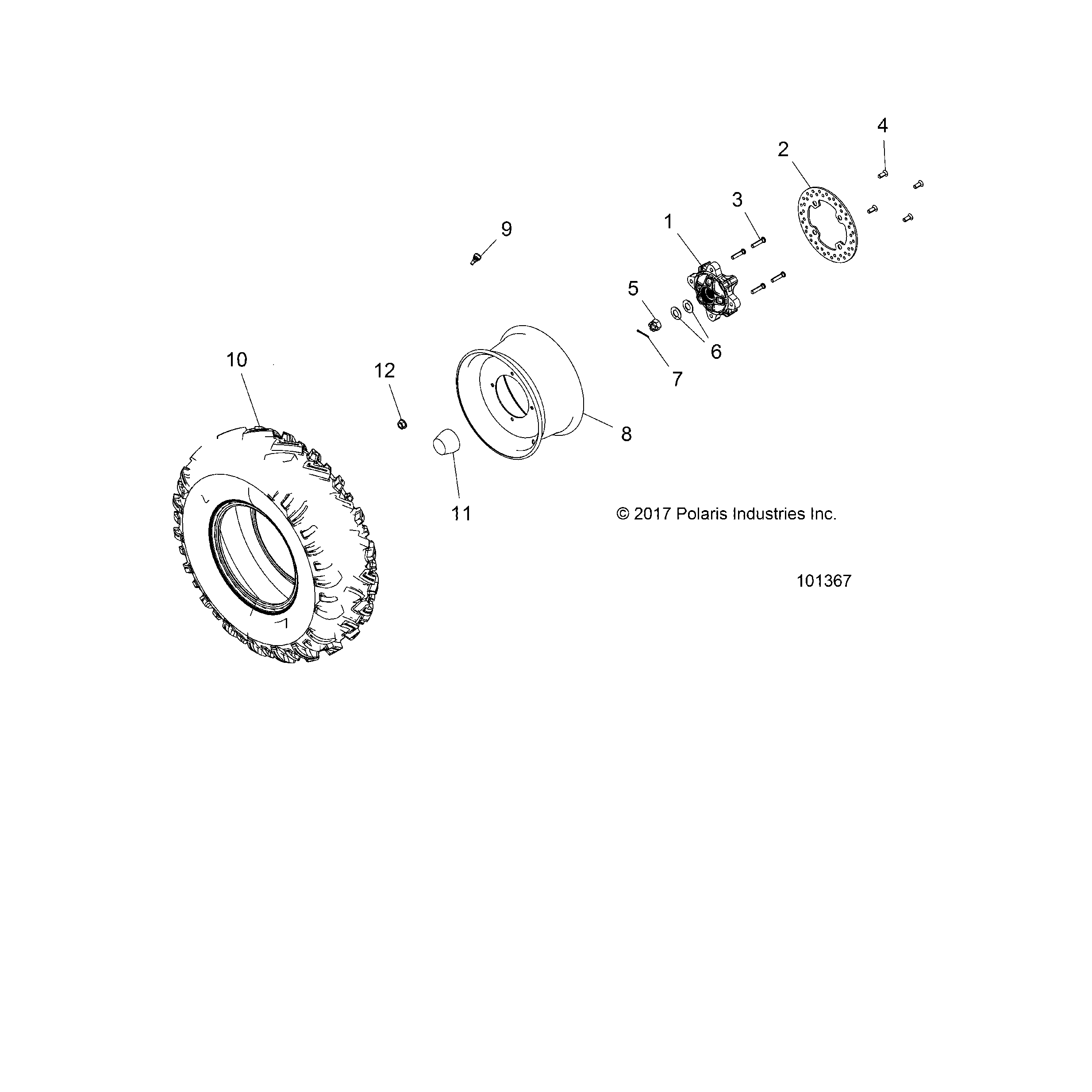 An Image of a Genuine Polaris Parts Schematic Diagram showing the schematic - WHEELS: FRONT TIRE and BRAKE DISC - 2018 POLARIS ACE 570