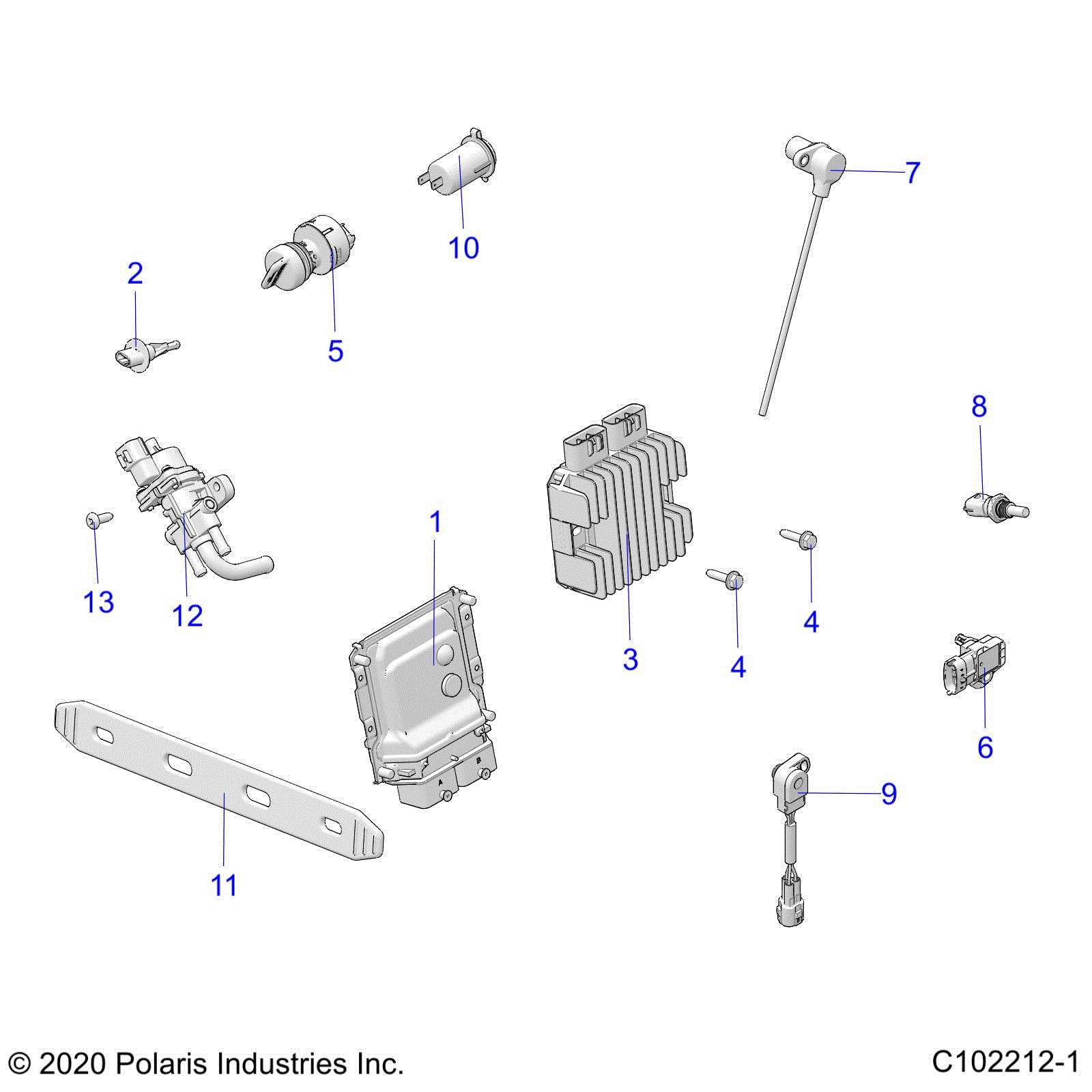 An Image of a Genuine Polaris Parts Schematic Diagram showing the schematic - ELECTRICAL: SWITCHES SENSORS ECU and CONTROL MODULES - 2026 POLARIS SPORTSMAN 850 MUD 49S