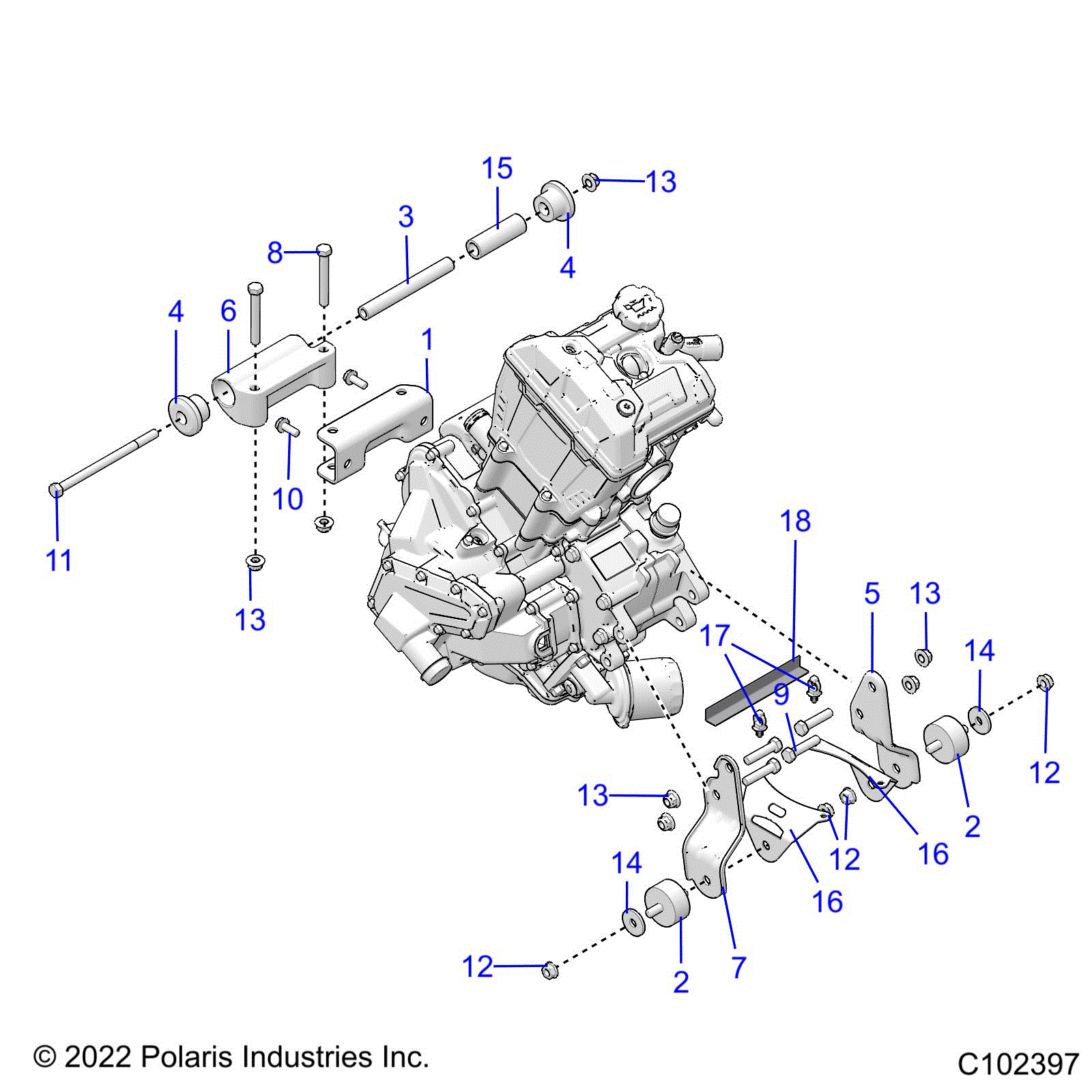 An Image of a Genuine Polaris Parts Schematic Diagram showing the schematic - ENGINE: MOUNTING & LONG BLOCK - 2024 POLARIS SPORTSMAN 570 HUNTER EDITION