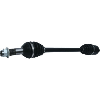 Black metal front right axle shaft with rubber protective boots and silver mounting hardware for Can Am Defender.