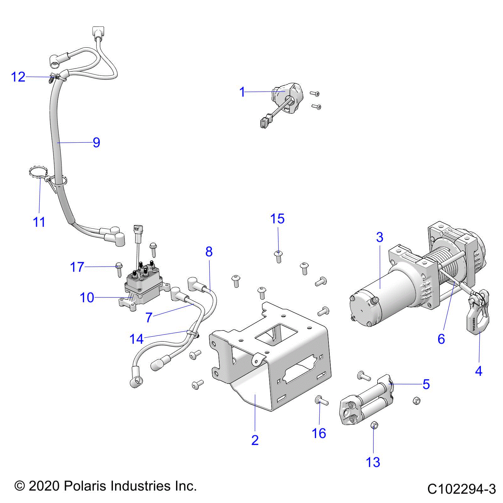 An Image of a Genuine Polaris Parts Schematic Diagram showing the schematic - CHASSIS: WINCH - 2022 POLARIS SPORTSMAN 570 EPS EBS ULTIMATE TRAIL 49S