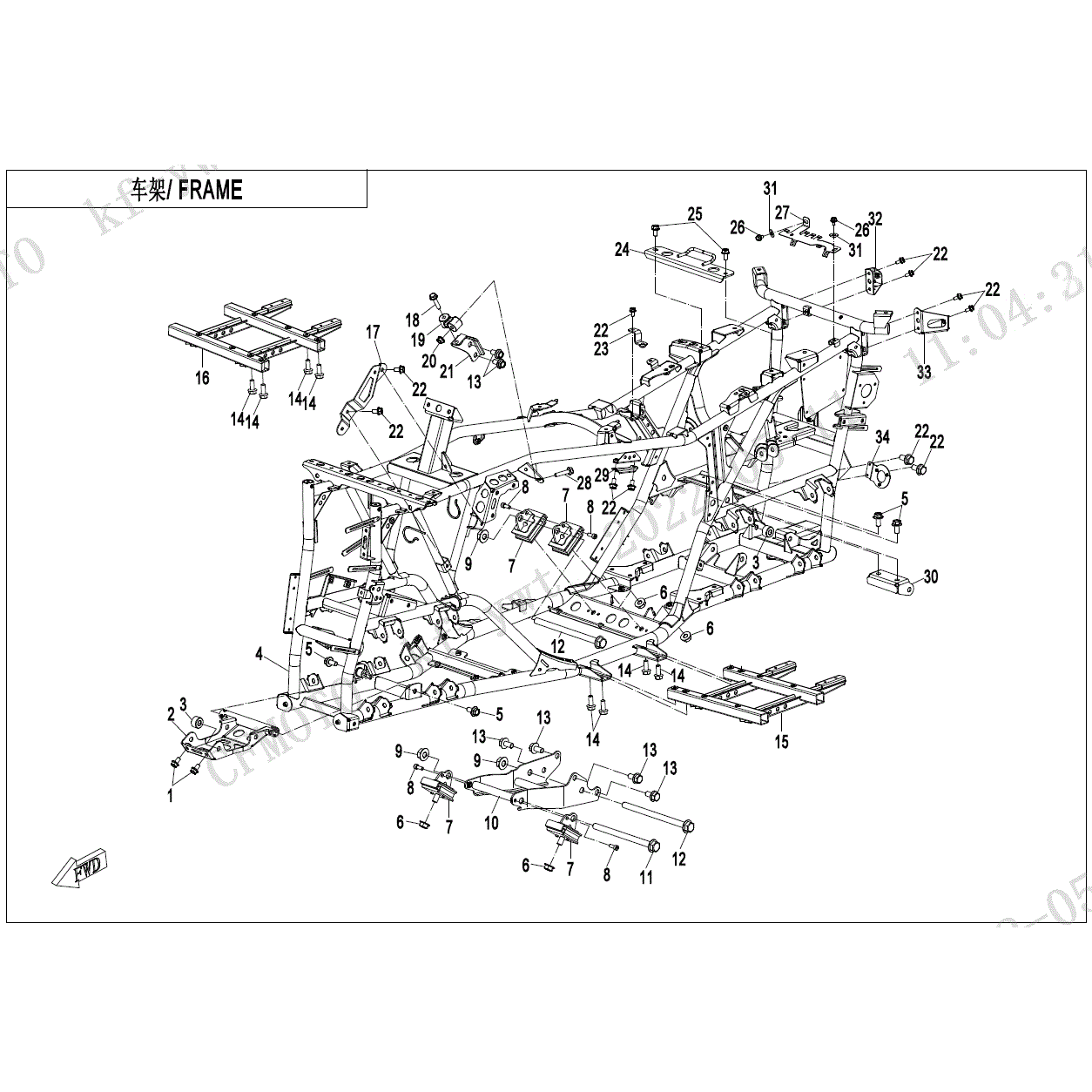 An Image of a genuine CFMOTO Parts Schematic Diagram showing the group - FRAME - 2023 CFMOTO CFORCE 600