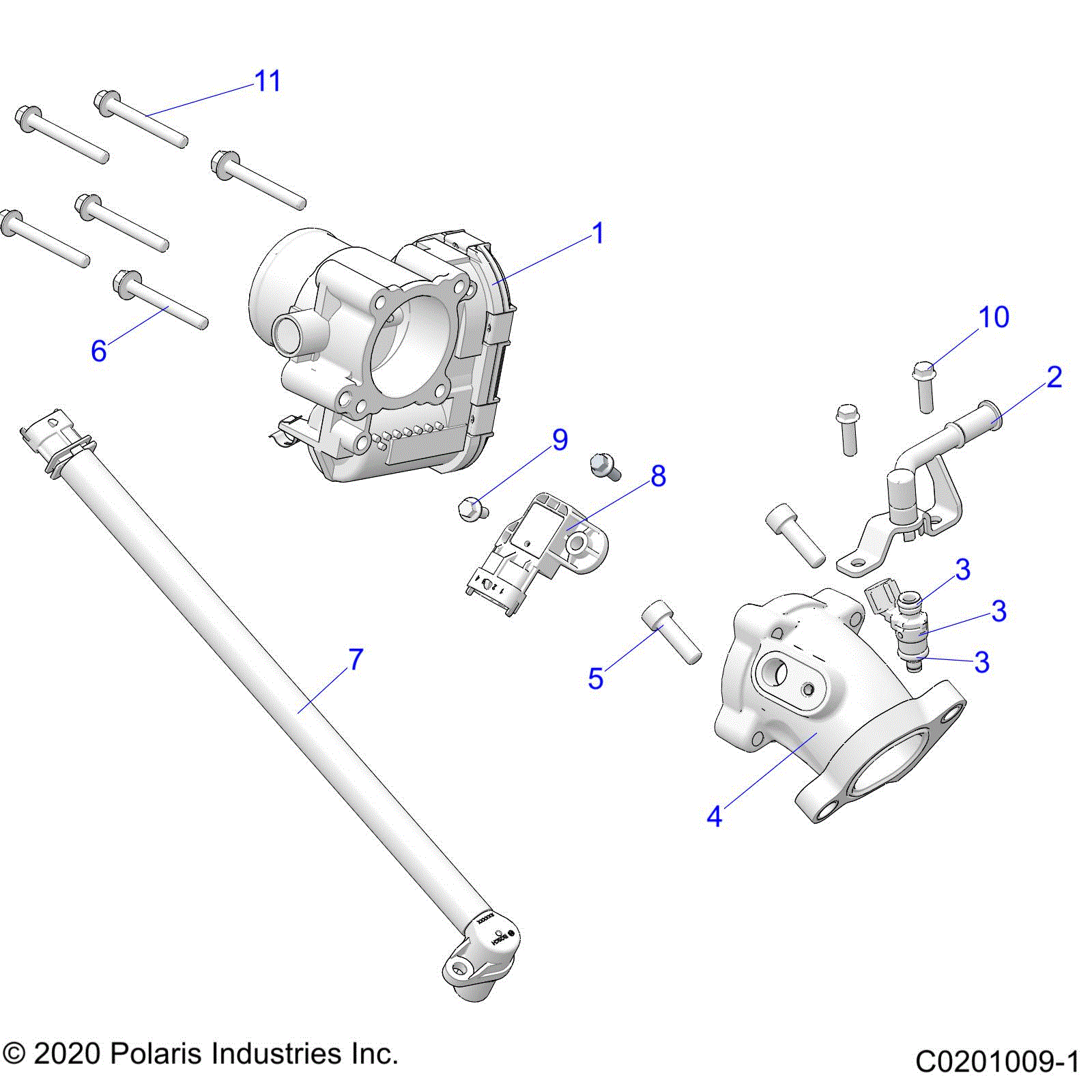 An Image of a Genuine Polaris Parts Schematic Diagram showing the schematic - ENGINE: THROTTLE BODY and FUEL RAIL - 2022 POLARIS SPORTSMAN TOURING 570 EPS
