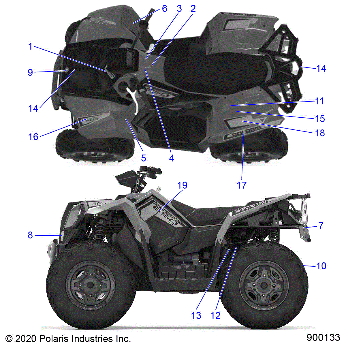 An Image of a Genuine Polaris Parts Schematic Diagram showing the schematic - BODY: DECALS - 2021 POLARIS SCRAMBLER 850 48"