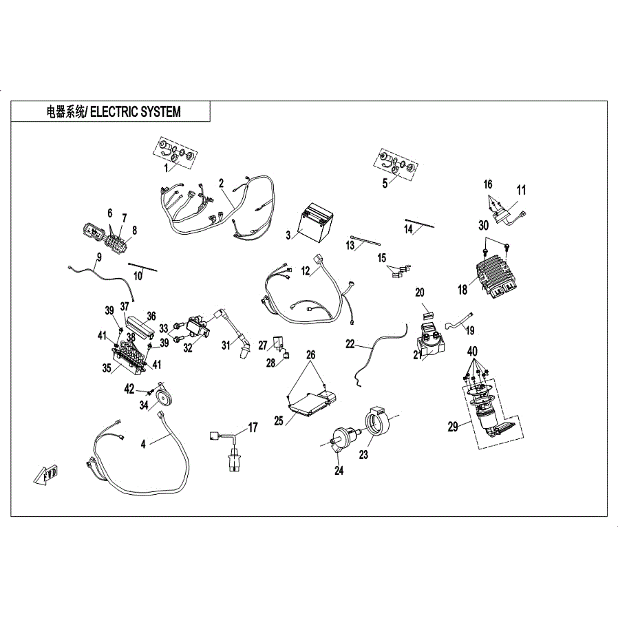 An Image of a genuine CFMOTO Parts Schematic Diagram showing the group - ELECTRIC SYSTEM (WITH FUEL VAPORIZATION SYSTEM) - 2019 CFMOTO CFORCE 400