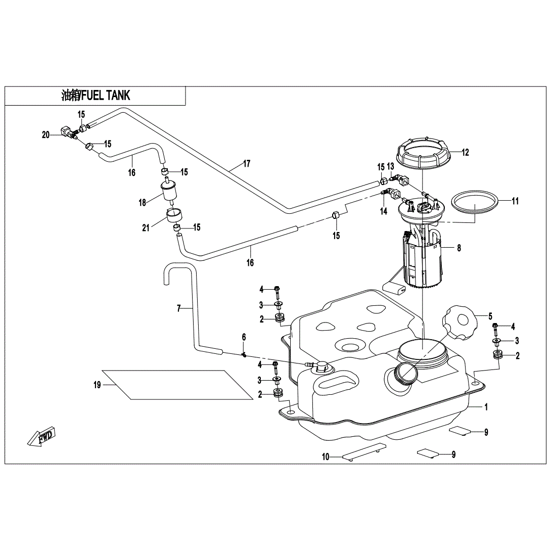 An Image of a Genuine CFMOTO Parts Schematic Diagram showing the schematic - FUEL SYSTEM - 2021 CFMOTO ZFORCE 500