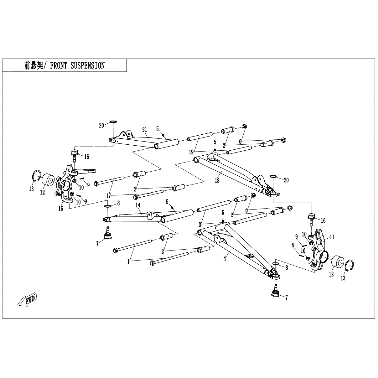An Image of a Genuine CFMOTO Parts Schematic Diagram showing the schematic - FRONT SUSPENSION - 2023 CFMOTO ZFORCE 950 HO Sport