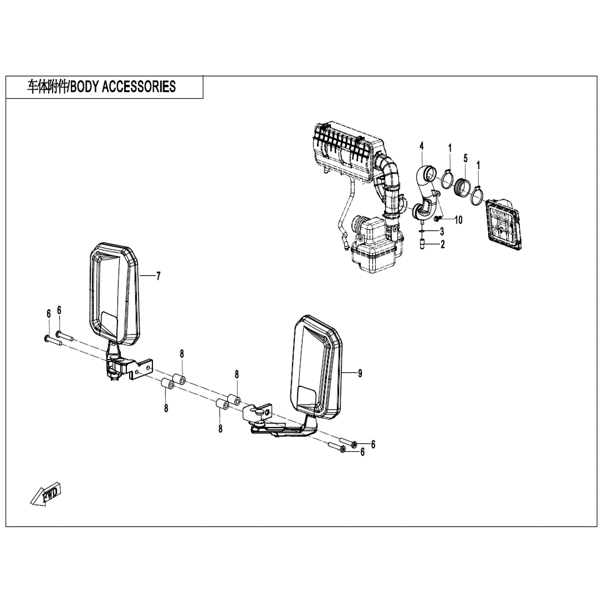 An Image of a Genuine CFMOTO Parts Schematic Diagram showing the schematic - BODY ACCESSORIES - 2022 CFMOTO UFORCE 1000
