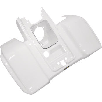 The Rear Fenders White by Maier are made of high-density polyethylene, feature multiple cutouts and rounded edges, fit over mower components, and match OEM color standards.