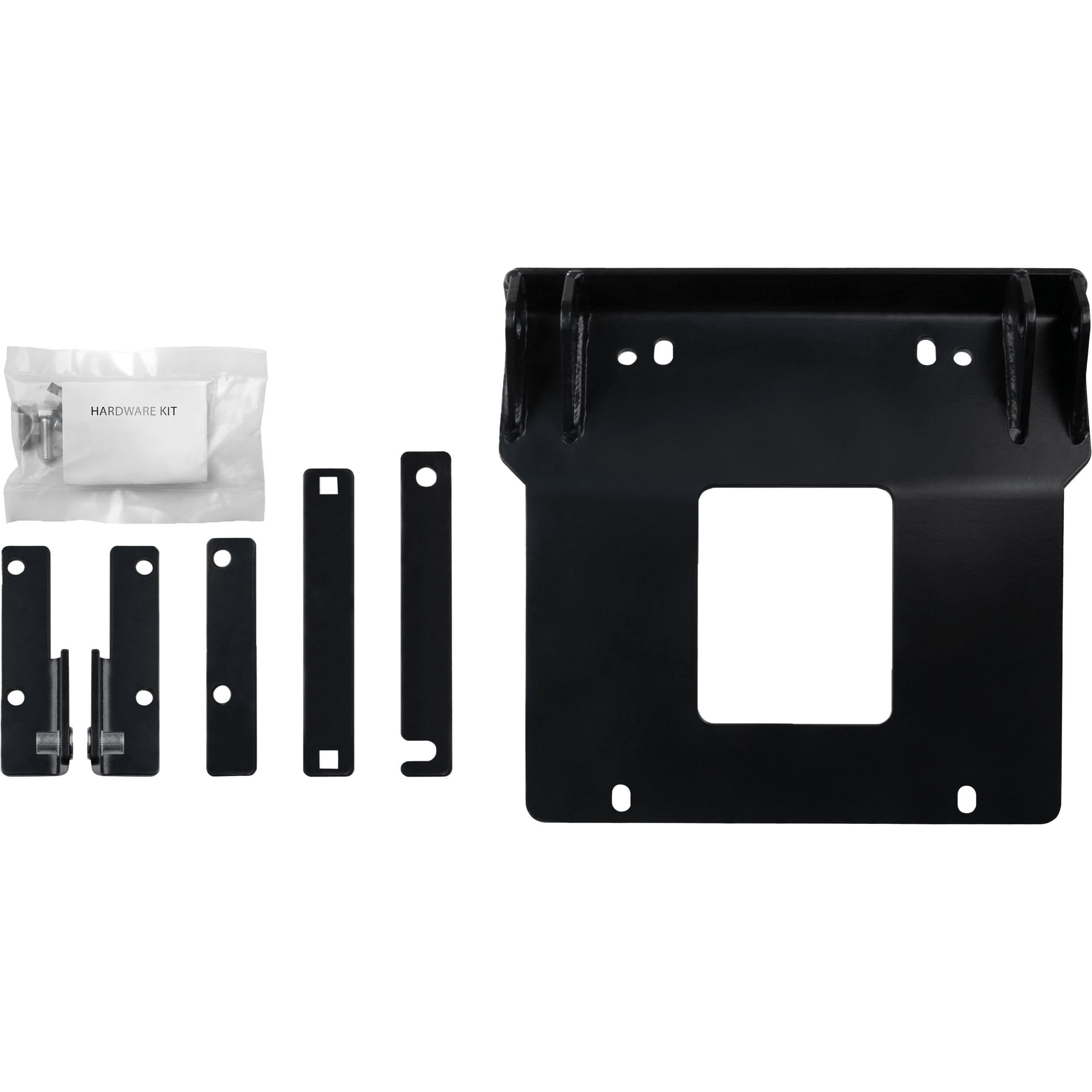 Rmax Plow Mount by Open Trail shown with several smaller metal attachments and a hardware kit in a clear plastic bag, all displayed on a white background.